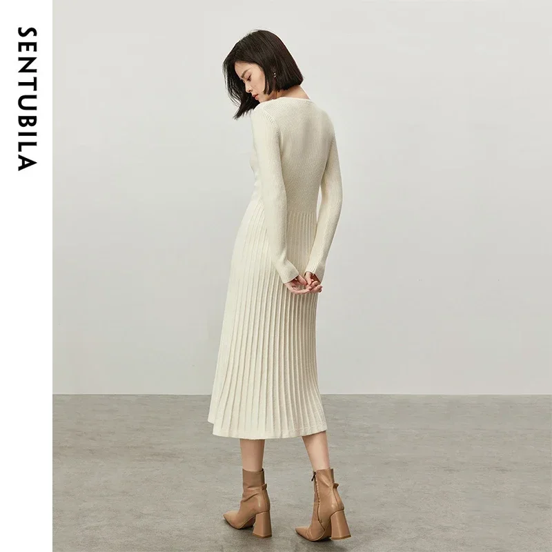 SENTUBILA Knitted V Neck Dresses for Women 2024 Winter Solid Retract Waist Long Sleeve Simple Comfort Women Clothing W44L57207