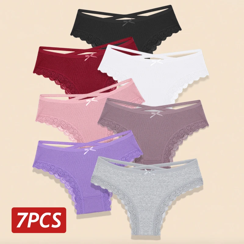 

7PCS Cotton Panties for Women Sexy Lace Brazilian Panties Hollow Out Low Rise Sexy Lingerie Solid Color Thongs Female Underwear
