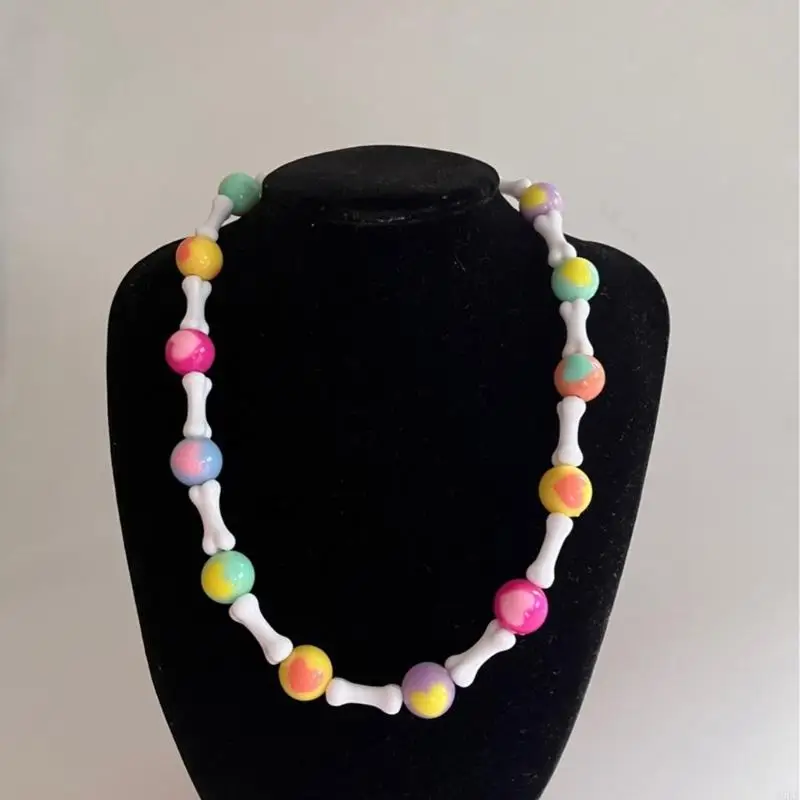 62KE Unique Bone and Heart Bead Necklace Distinctive Beads Bracelet Comfortable Neck Jewelry Plastic Texture for Any Occasion