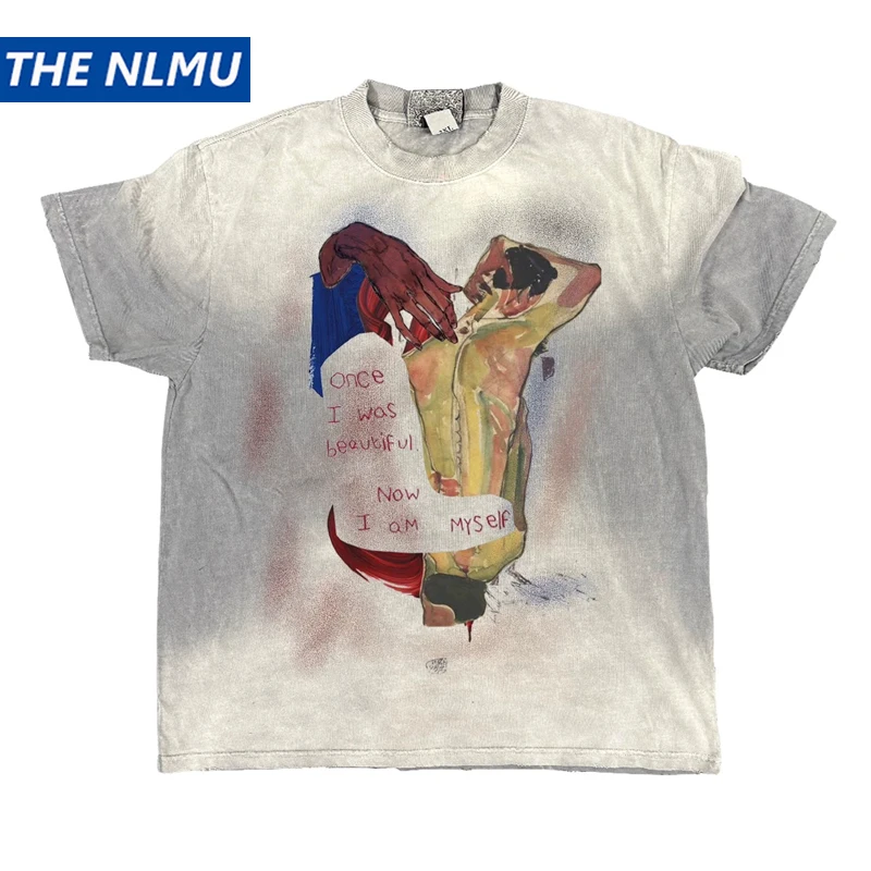 

Men Women Creative Graphic Print T-Shirt Vintage Washed Distressed Dirty Tee Shirt 100% Cotton Casual Summer Top