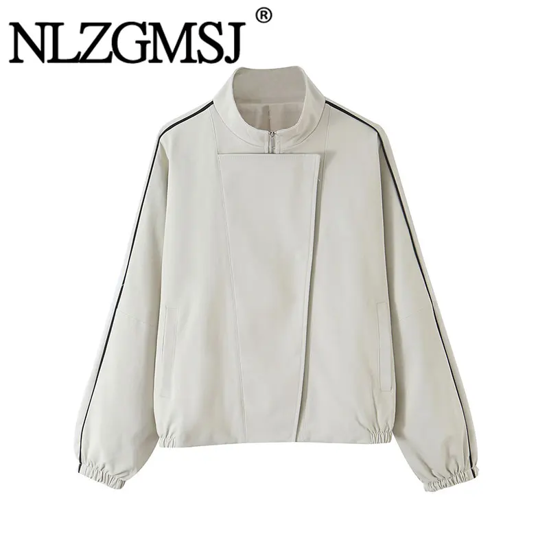 NLZGMSJ 2026 Autumn Casual Chic Women Bomber Jacket Patchwork Stand Collar Zipper Loose Jacket Fashion Streetwear Jacket