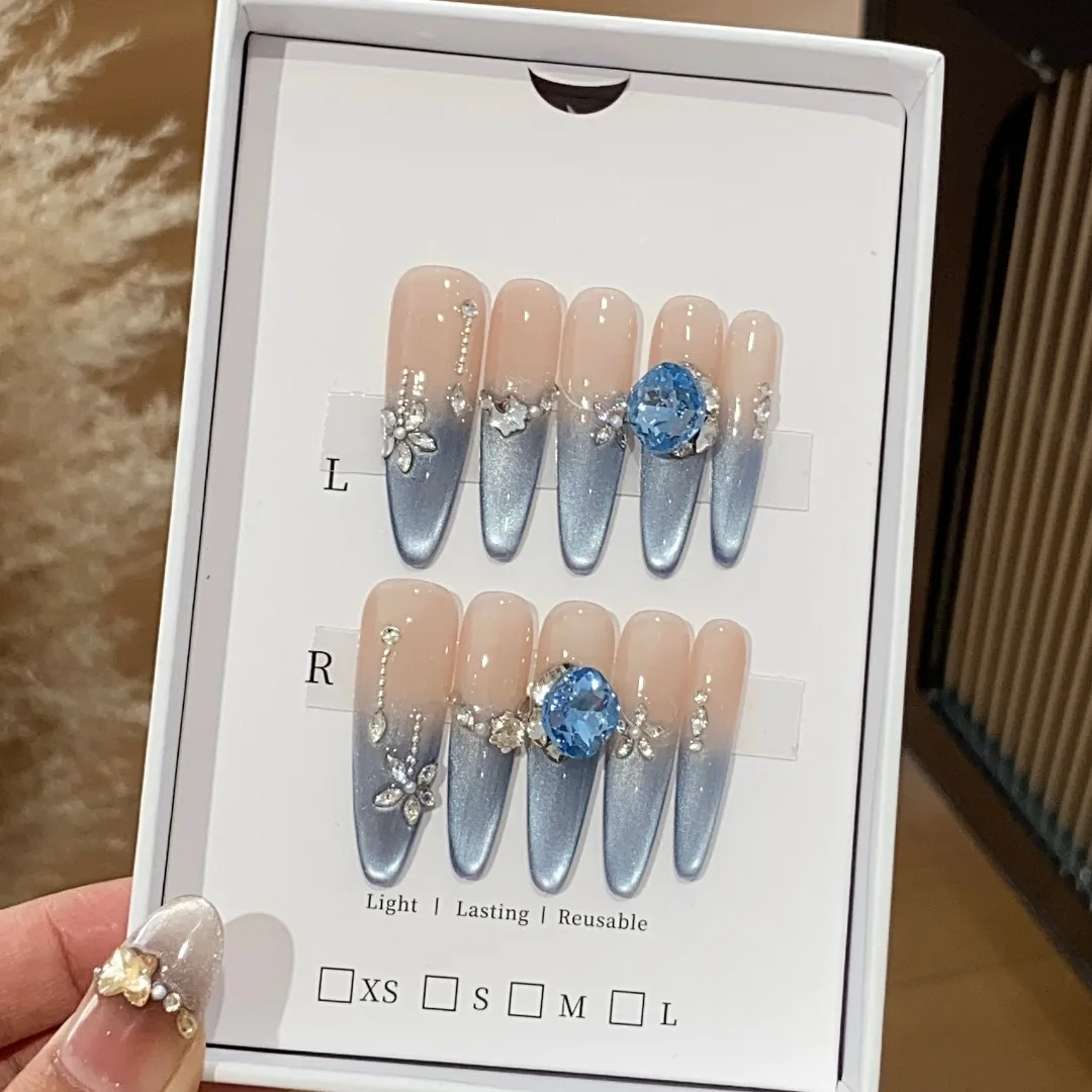 

Summer Handmade Long Oval Nude Pink Fake Nails Glitter Sea Blue Cat Eye Nails Press On Diamond Flower Stars Design Nail Sticker