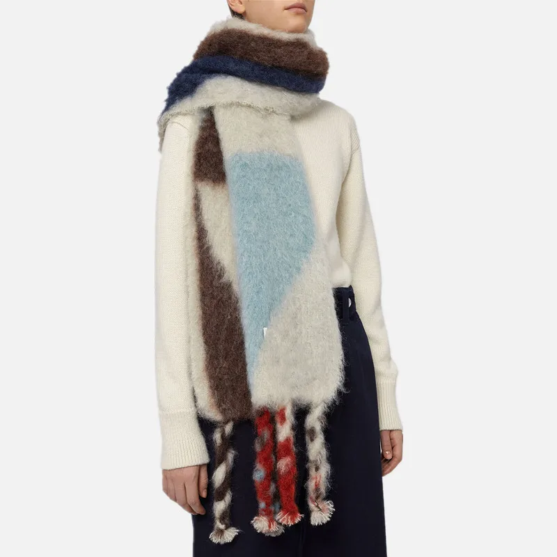 2025 شتاء جديد التجارة الخارجية قوس قزح حجم مخطط شرابة المرأة وشاح الاسلوب المناسب تقليد الكشمير الملونة مخطط وشاح