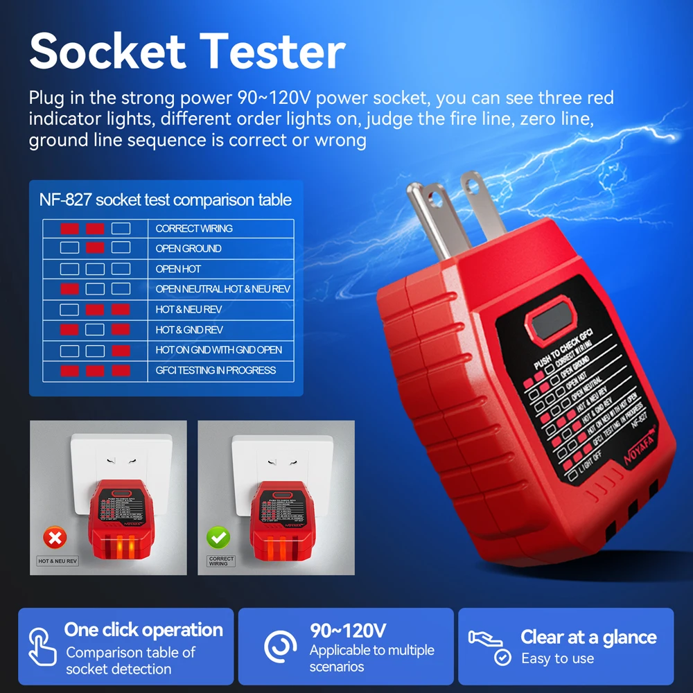 NOYAFA Automatic Circuit Breaker Finder NF-827S Fuse Socket Tester US 120V Circuit Switch Finder Electrician Diagnostic Tool