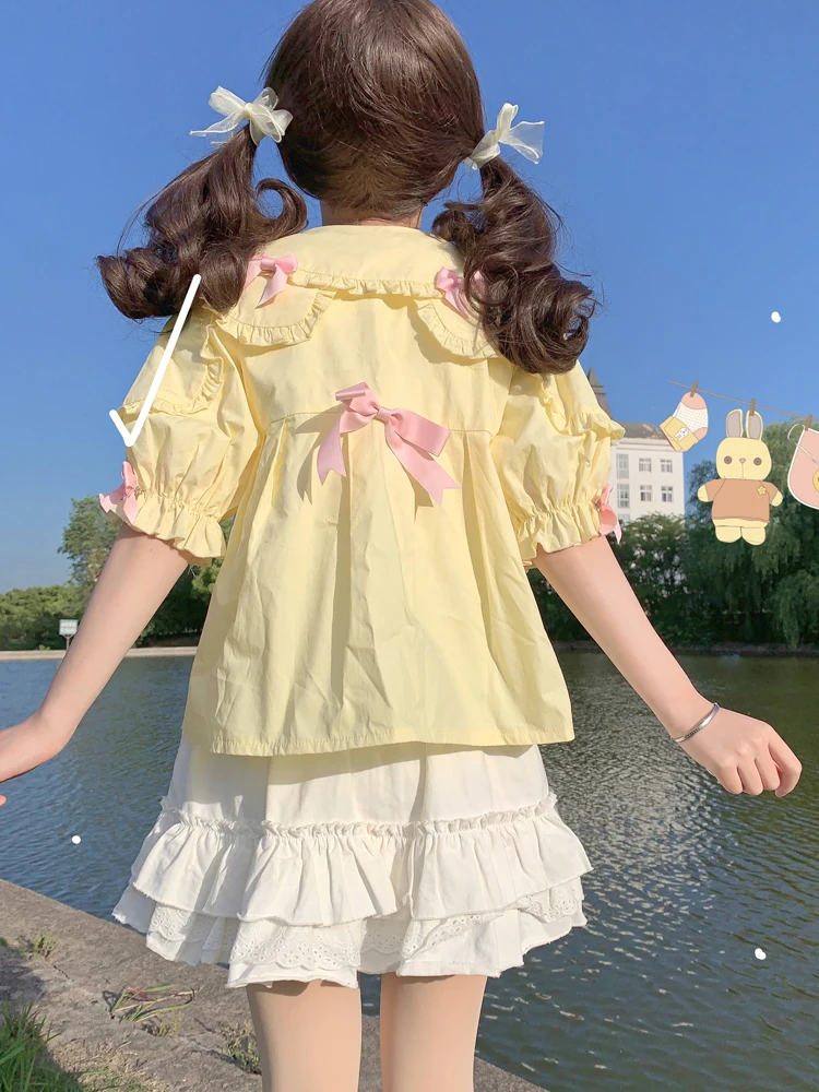 KIMOKOKM Japanese Sweet Pullover Shirt Peter Pan Collar Bear Ear Ruffled Kawaii Puff Sleeve Basic Lolita Girly Blouses Shirt