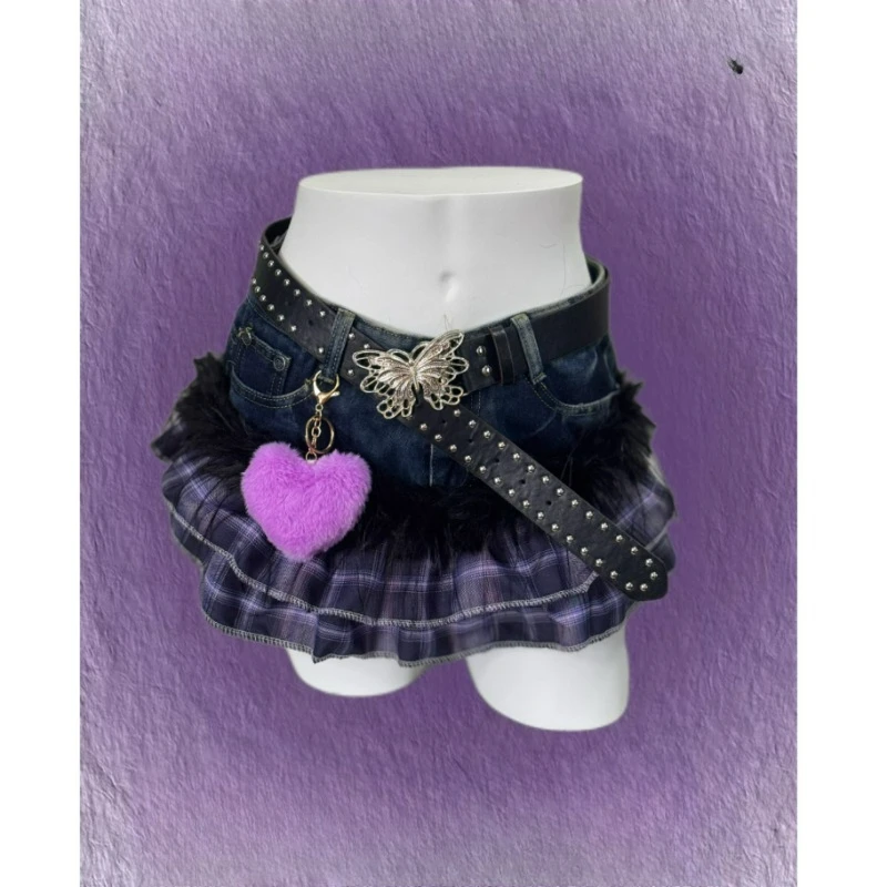 

Harajuku Fashion Lolita Denim Skirt Women Vintage Sweet Purple Plaid Patchwork Uffles Mini Skirts Female Y2k Cute JK Short Skirt