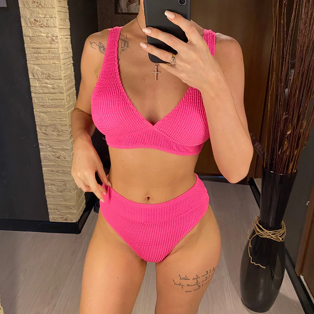 Gefalteter, geraffter Damen-Badeanzug mit V-Ausschnitt, hochtaillierter Bikini, zweiteiliges Bikini-Set, Badebekleidung, Badeanzug, Modell V3590. – Detail 7