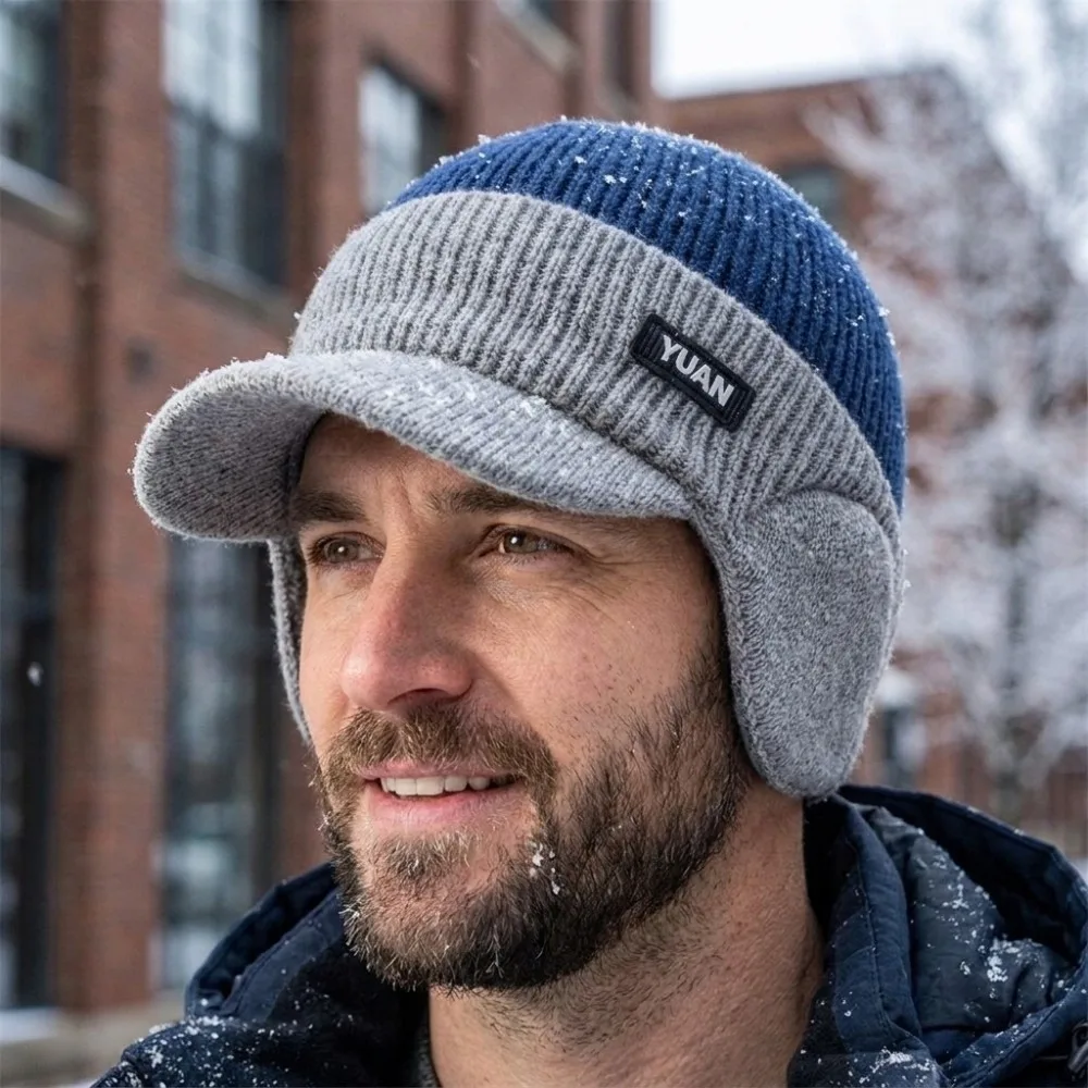 Unisex Thick Men's Knit Hat Warm Windproof Cycling Beanie Polyester Duckbill Brim Ear Flap Hat Winter