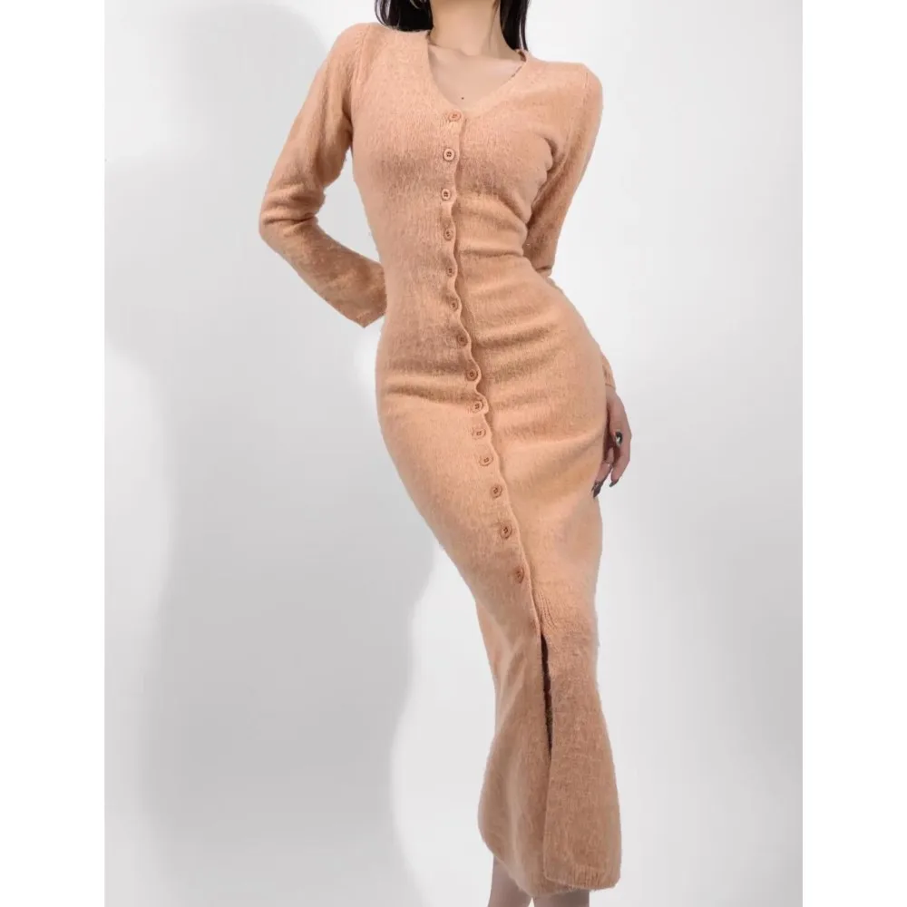 4 colors Sexy V collar Shaggy Knit Midi Long Dress Women Stretch Slim Fit Full Sleeveless Sweater Robe Autumn Winter