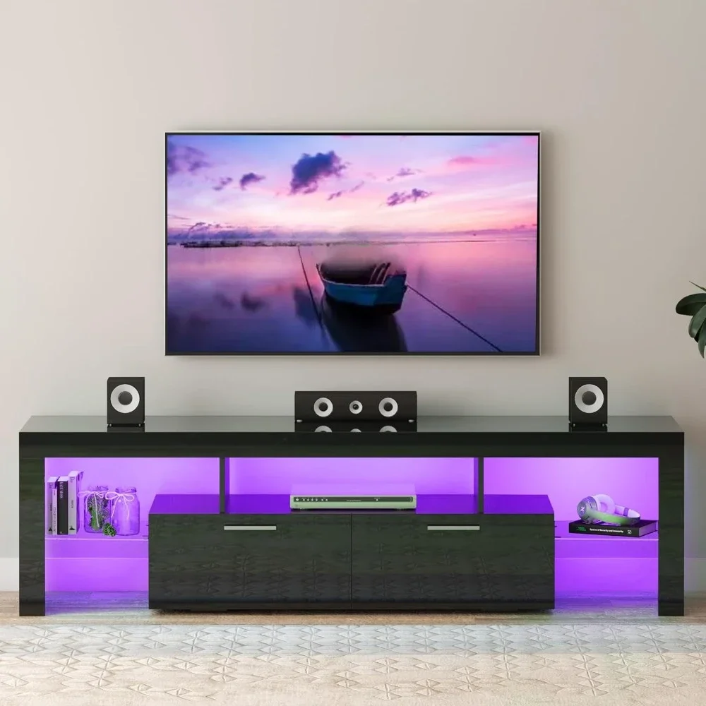 Moderne Led 70 Inch Lange Tv-Standaard Met Opberglade, Houten Tv-Console Met Hoogglanzend Entertainmentcentrum Voor De Woonkamer