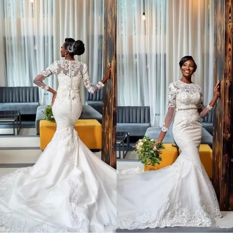 Customized African Plus Size Mermaid Dresses Long Sleeves Lace Appliqued Crystal Beaded Sweep Train Wedding Gowns