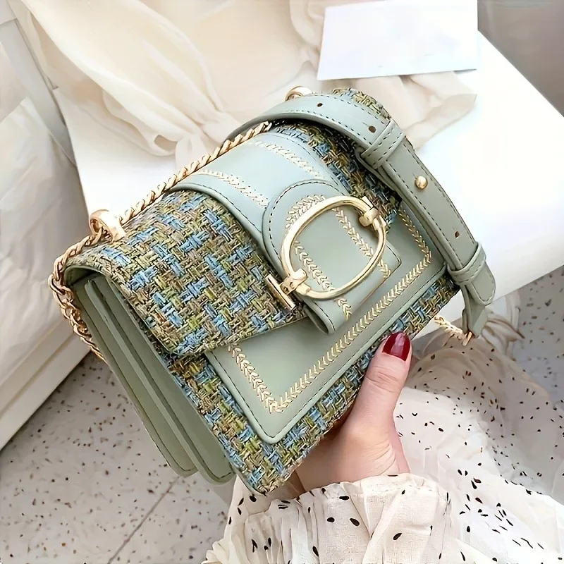 

Chic Mini Plaid Tweed Crossbody Bag with Adjustable Strap, Fashionable Buckle Closure - Available in Cream, Green, Blue, Black