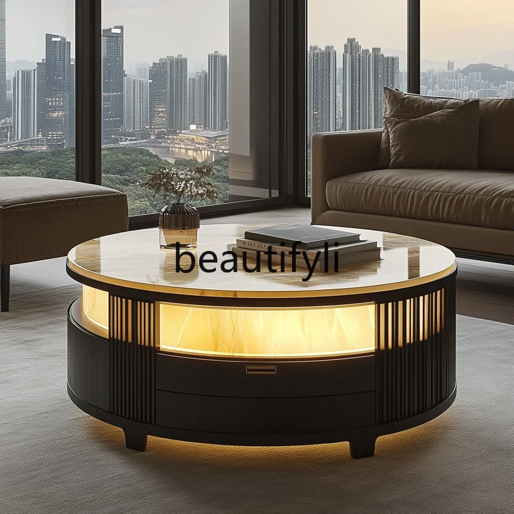 E182 Advanced modern round luminous luxury stone coffee table minimalist villa living room natural marble, home
