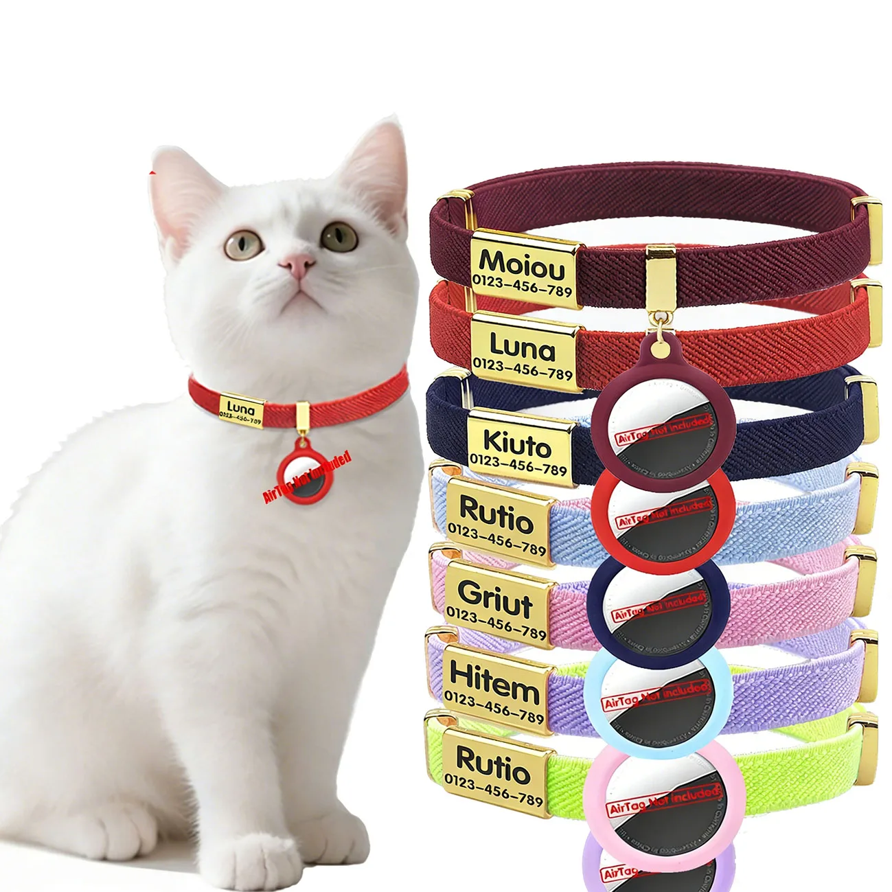 Weißes Katzenhalsband mit Anpassbarem Namensschild, Haustier-ID-Halskette für Welpen, Elastisches GPS-Tracker-Halsband für Kätzchen mit AirTag-Halter – Detail 8