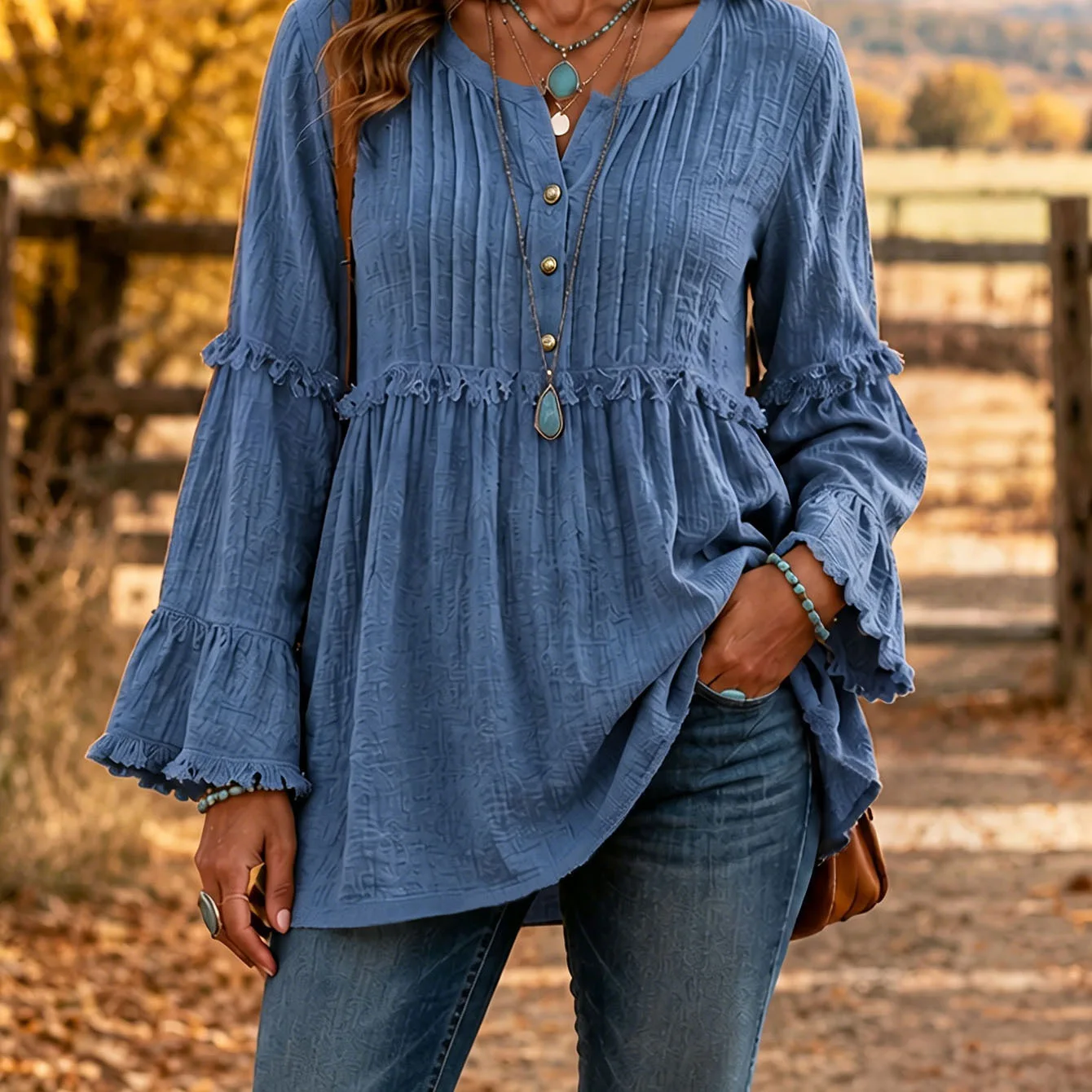 2026 Camisa holgada de encaje para mujer europea y americana, top con borlas y patchwork, sudadera casual con botones