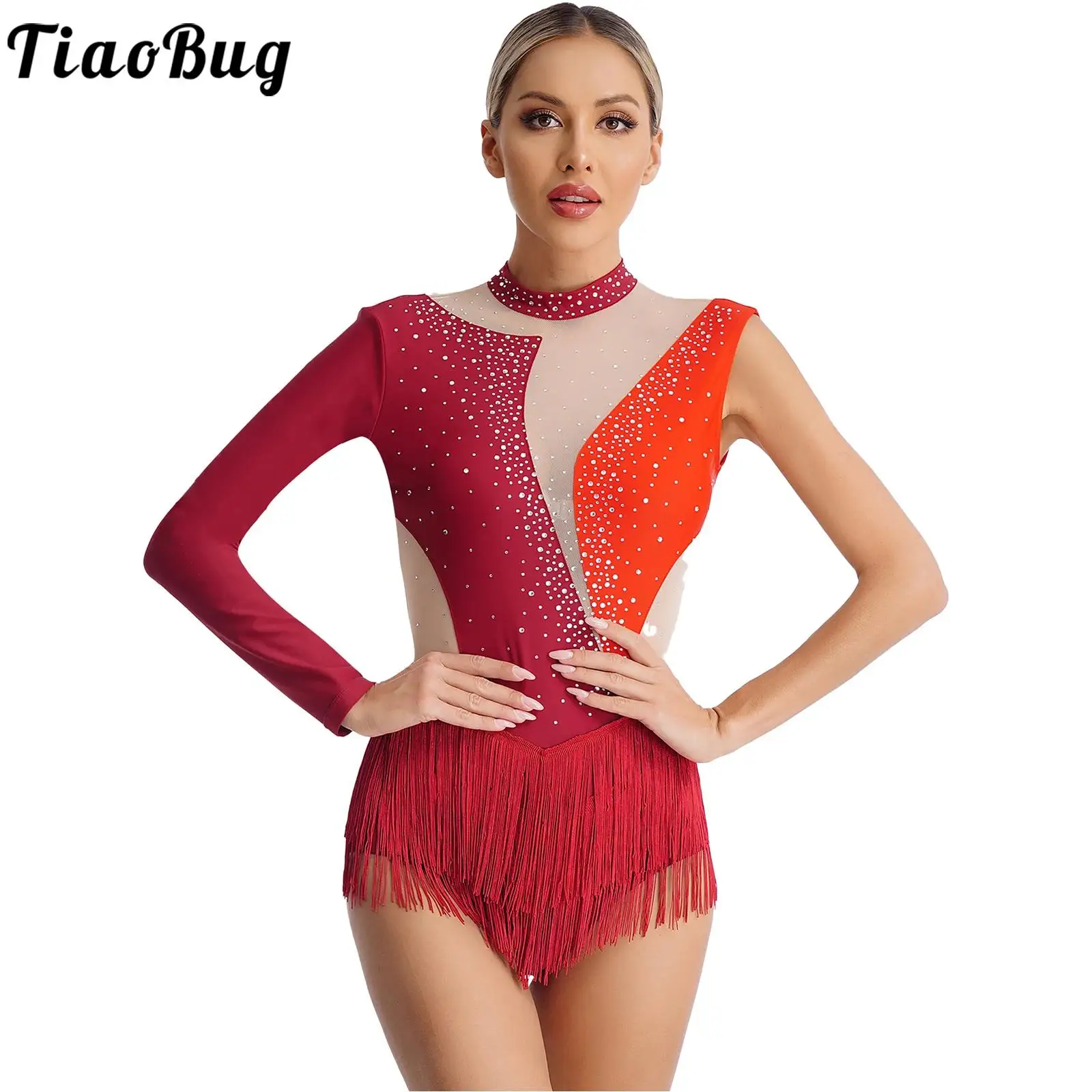 

Womens Ballet Dance Leotard Latin Cha-Cha Figure Skating Gymnastics Performance Costume Shiny Rhinestone Tassel Fringed Bodysuit