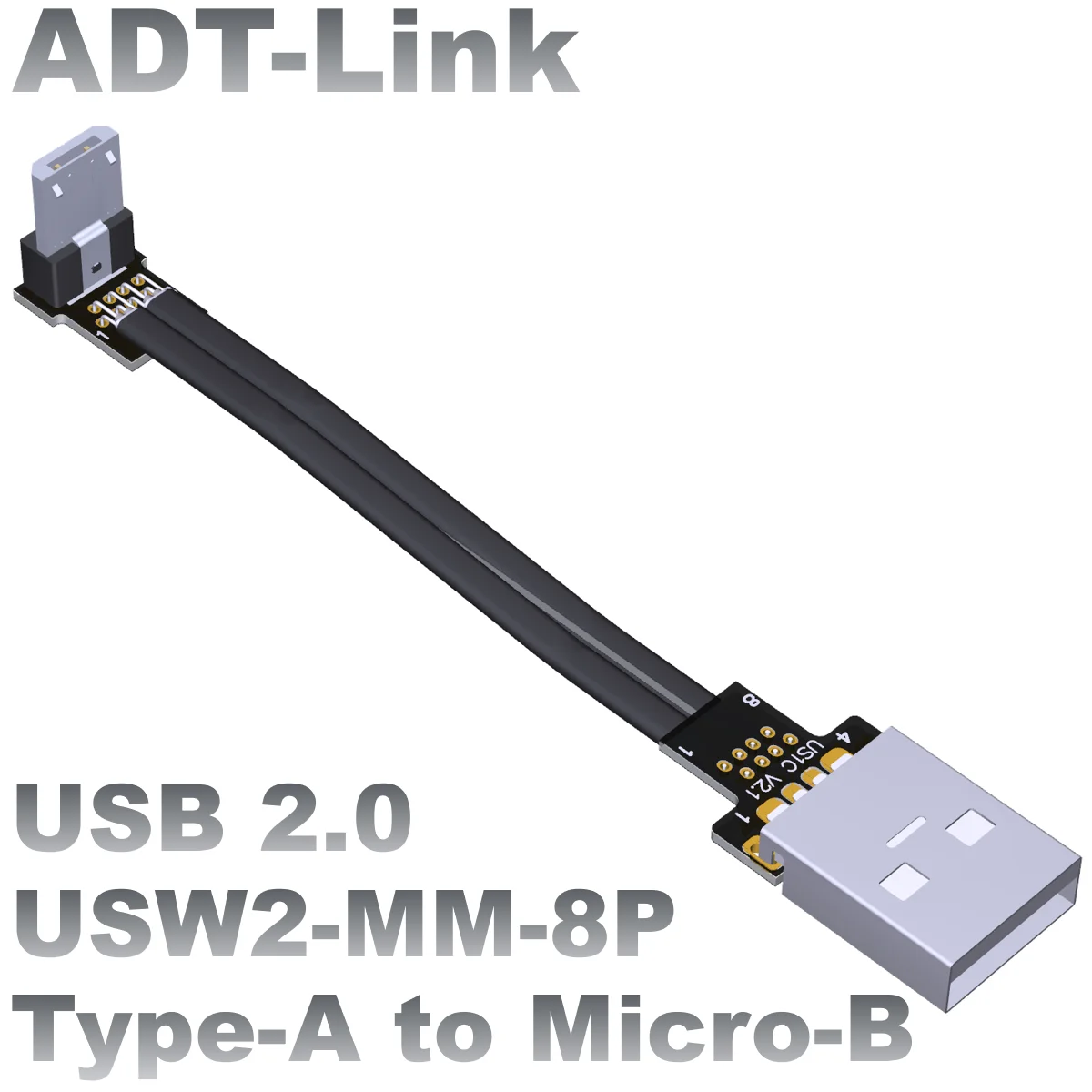 

USB2.0 Thin Short Flat A Male Angle Turn Micro-B Male High Current Power Supply Data cable ADT