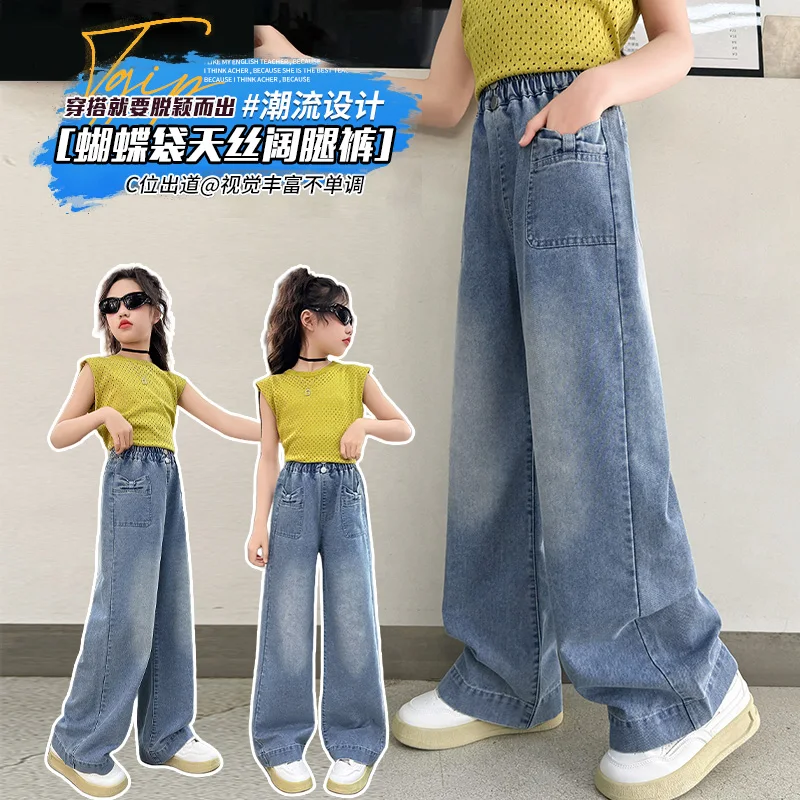 

4-14Years Children Spring Autumn Denim Pants Kids Straight Trousers With Bow Pockets Tween Girls Daily Casual Fashion Blue Jeans