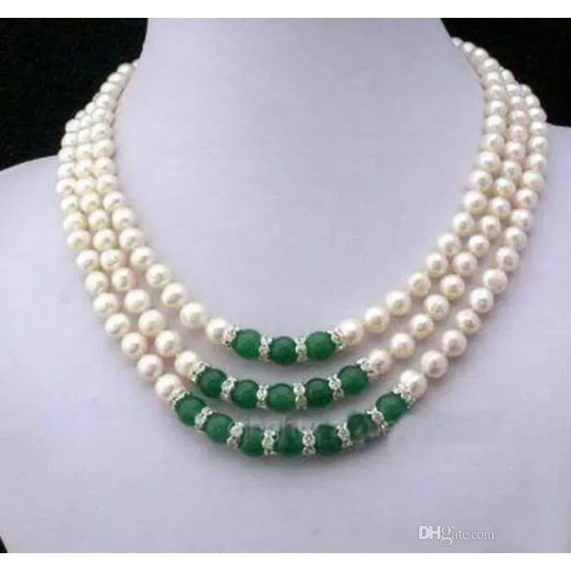 

2017 new 7-8MM Natural White Akoya Cultured Pearl & Green Jade Hand Knotted nelace