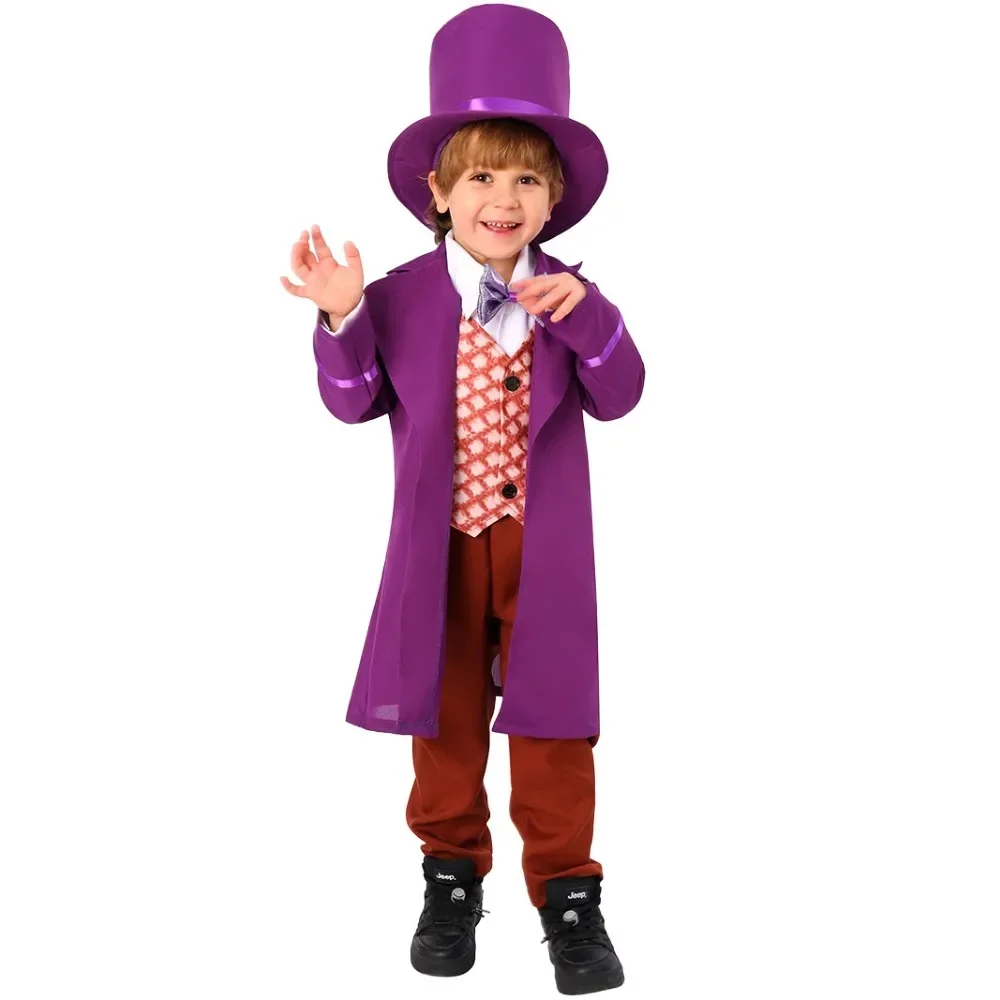 Filme fábrica de chocolate willy cosplay traje crianças casaco roxo calças chapéu gravata borboleta conjunto completo willy crianças terno festa de halloween