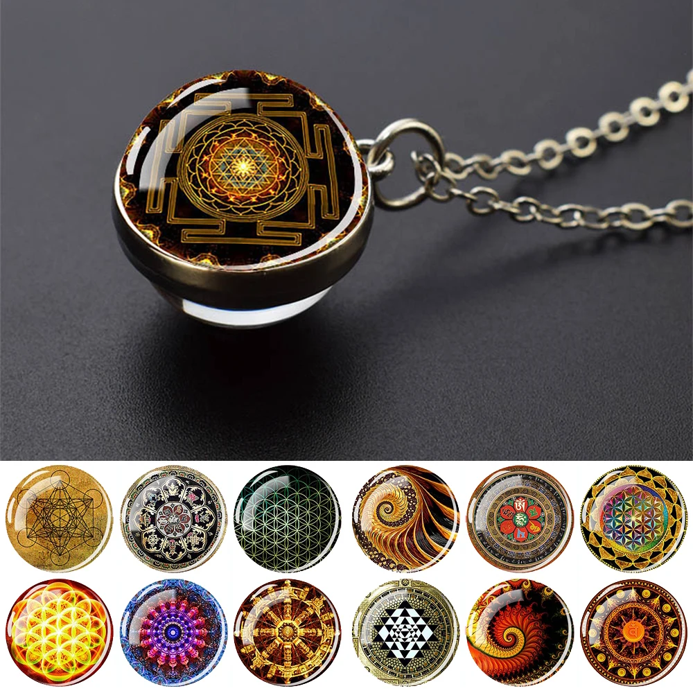 Sacred Geometry-Metatron\'s Cube Necklaces Sri Yantra Mandala Double Side Glass Ball Pendant Necklace Buddhist Yoga Jewelry Gift