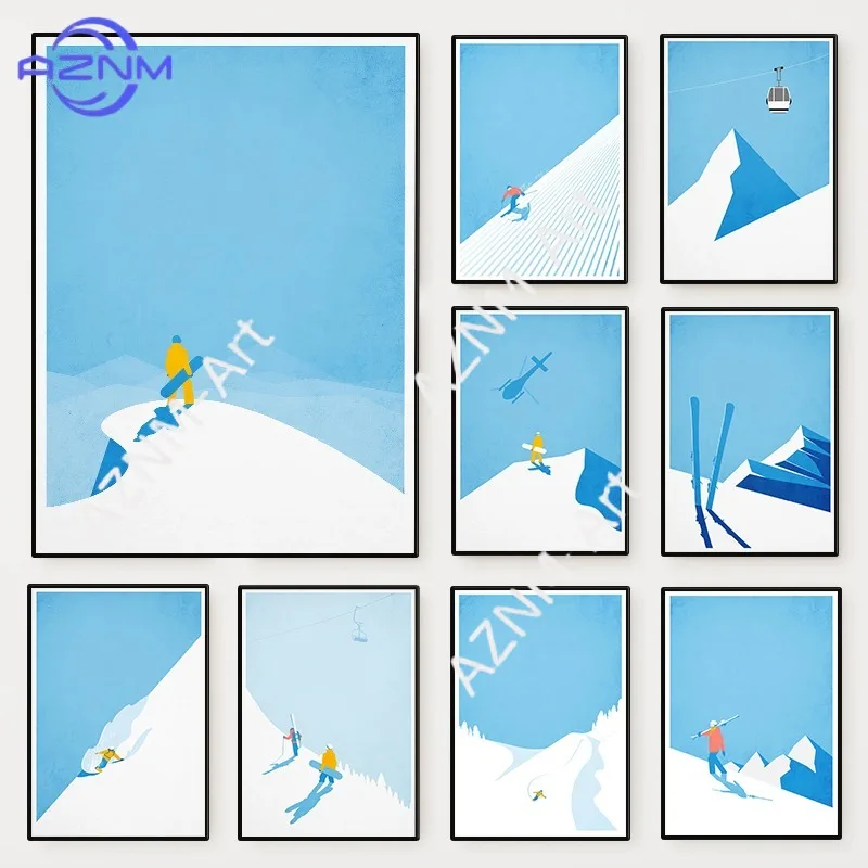 Wintersport-Ski- und Snowboard-Poster, minimalistisches Vintage-Berglandschafts-Leinwandgemälde, Galerie-Wandkunst für Zimmer, Heimdekoration