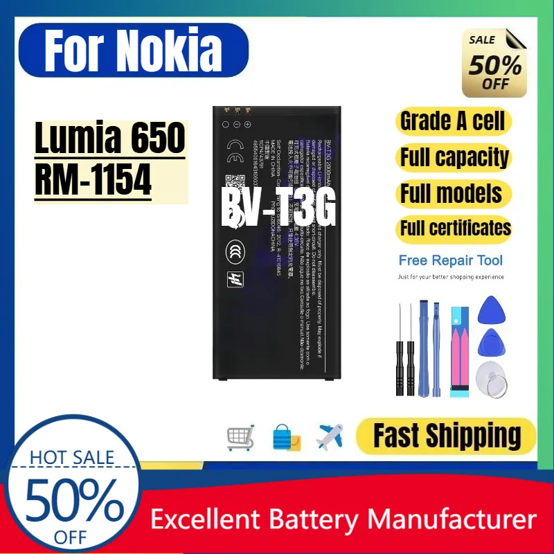 0 Cycle BV-T3G Battery for Nokia Lumia 650 RM-1154 Phone High Quality Replacement Battery Grade A Lithium Ion Bateria with Tools