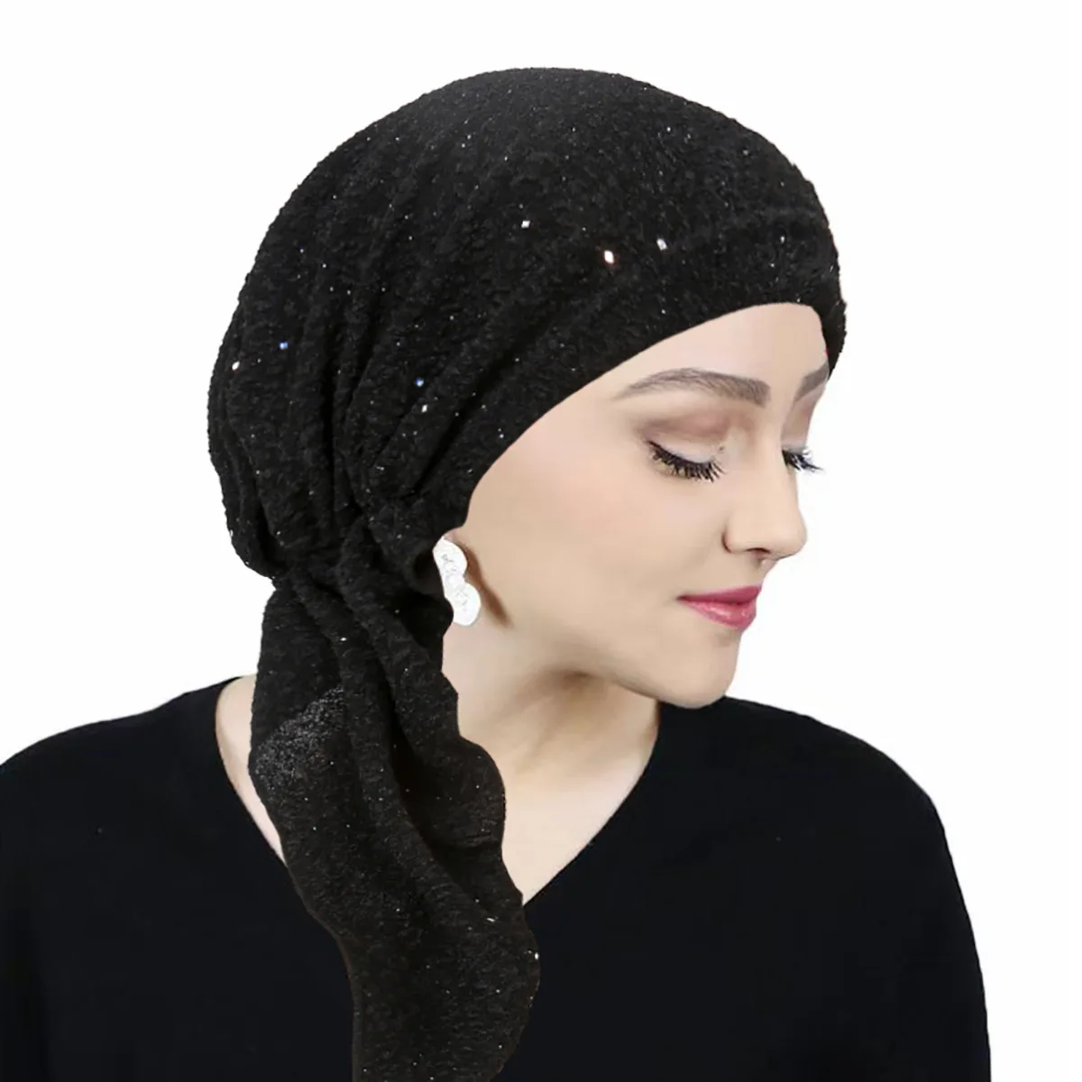 Trendy Crinkle Muslim Turban Caps Fashion Solid Color Headdress WearableSoft Elastic Long Tail Turban Bonnet