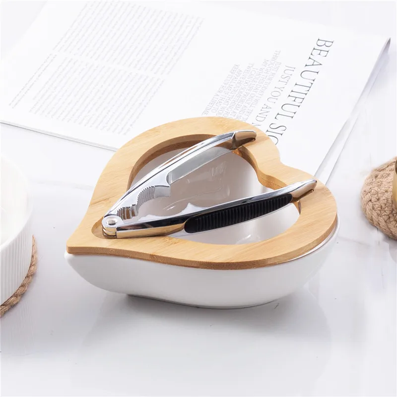 White Ceramic Love Nut Plate with Clip Irregular Fruit Plate Wooden Cover Household Tableware Dried Fruit Snacks Storage Tray