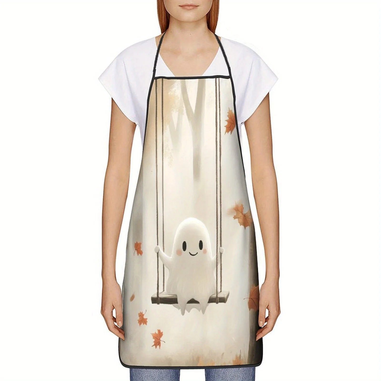 

Жуткий фартук «Призрак Хэллоуина» на качелях — черный с белыми и оранжевыми осенними листьями, полиэстер, регулируемые шейные ремни