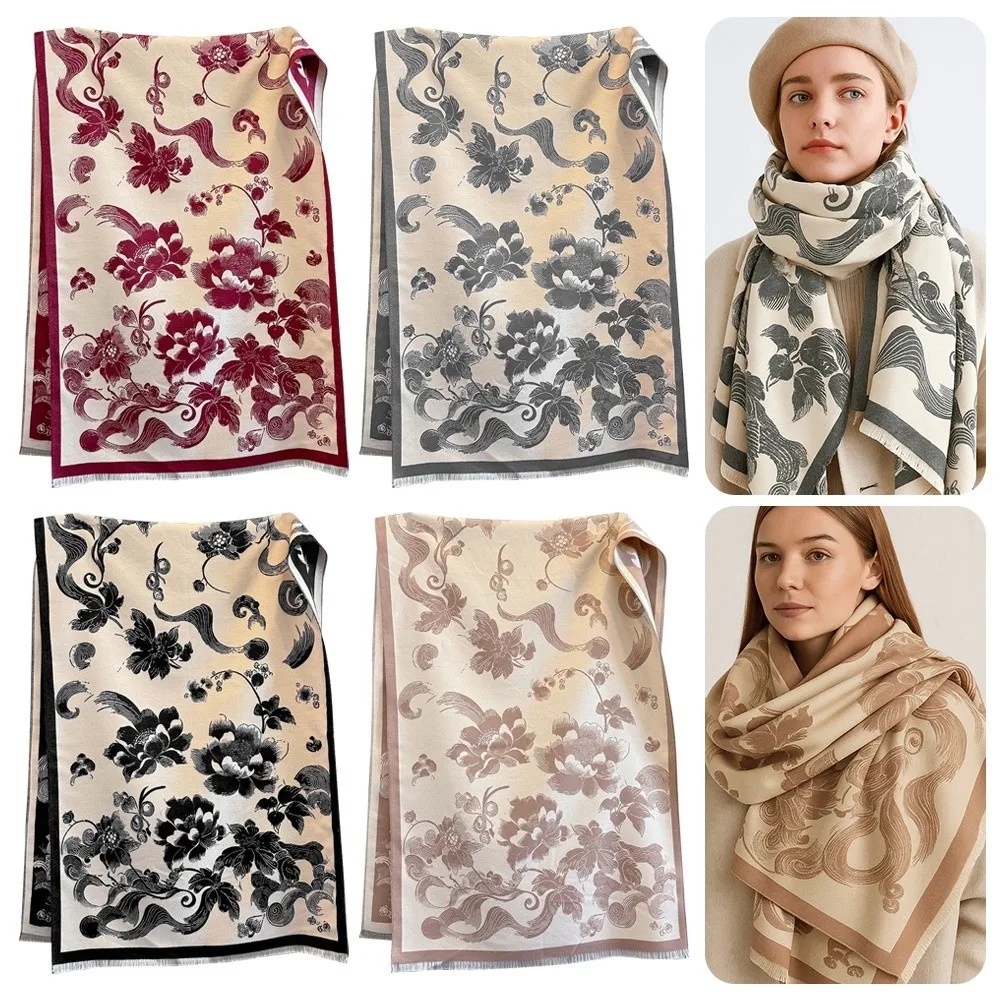 

Luxury Imitation Cashmere Scarf Warm Thick Pashmina Shawls Windproof Lotus Print Poncho Scarves