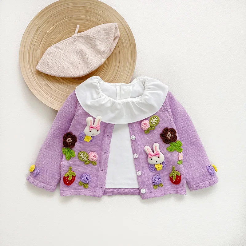 Spring Baby Girls Knitted Cardigan Sweater Coat Infant Long Sleeve Toddler Handmade Girl Cotton Appliques Rabbit Flower Clothes