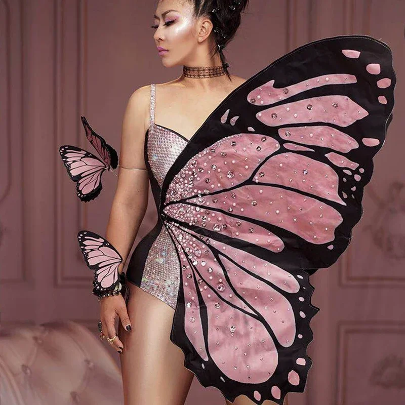 Show Performance Stage Wear Halloween Cosplay Costume Bling Pink Butterfly Wings Rhinestones Bodysuit Dance Costume Women Party