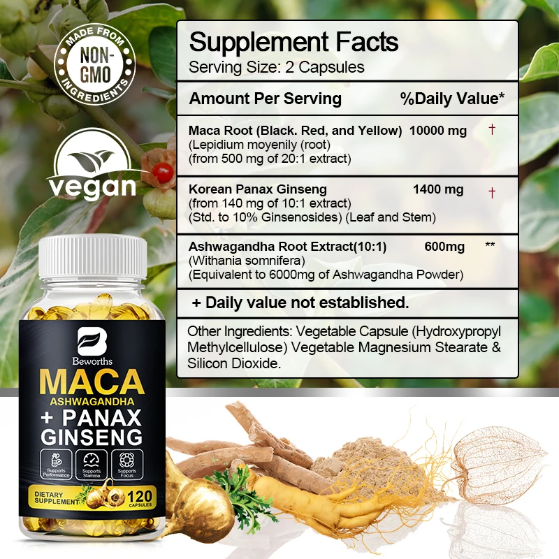 Maca+Korean Panax Ginseng Capsules for Energy Strength Male-Health Nutrition Supplement Black Maca Root, Potent and Highly Pure