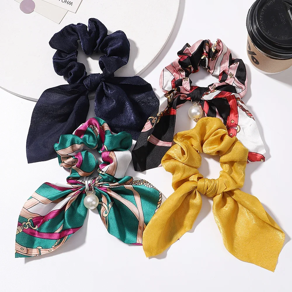 4Pcs/Lot Women Girls Chiffon Bowknot Silk Hair Scrunchies Set Pearl Ponytail Headband Hair Rope  Headwear Girls Hair Accessories