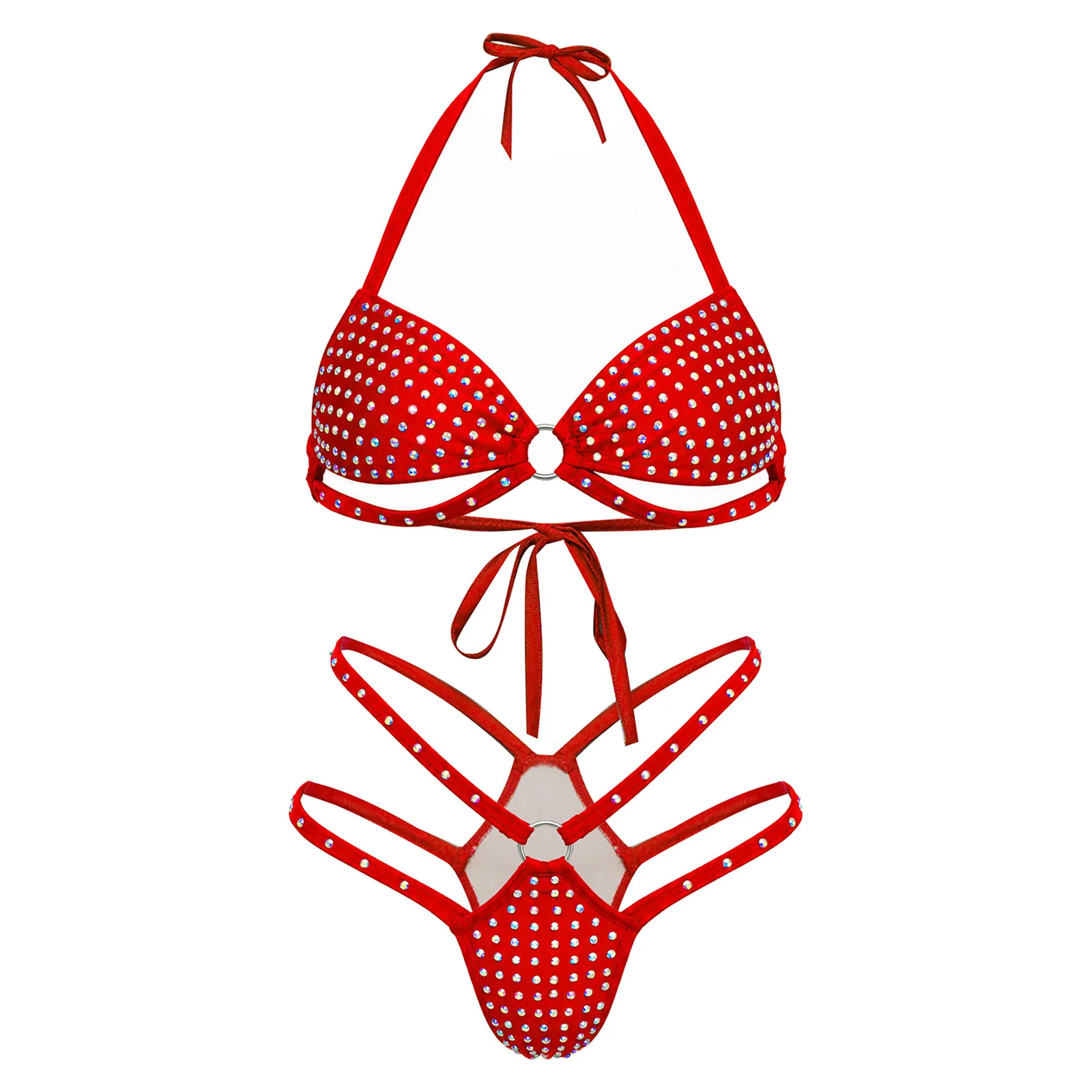 Women Shiny Rhinestone Strappy Bikini Swimsuit Halter Backless Cutout Lace-up Bra G-string for Beach Vacation Pool Bathing Suit