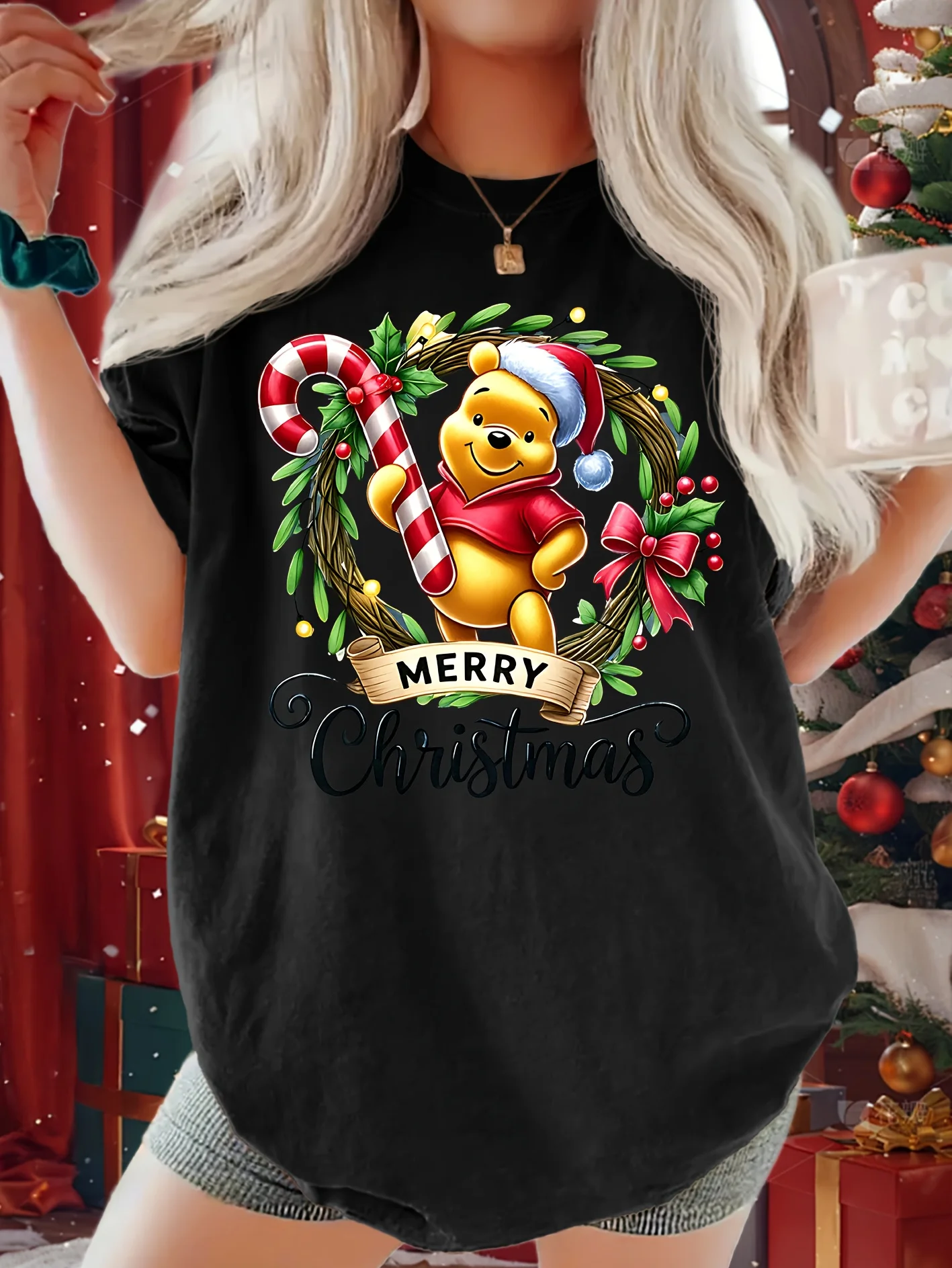 Disney Winnie The Pooh Christmas T-Shirt Cotton Men's Women  Casual Trendy  Oversized Loose Short Sleeve Unisex Event Outfit