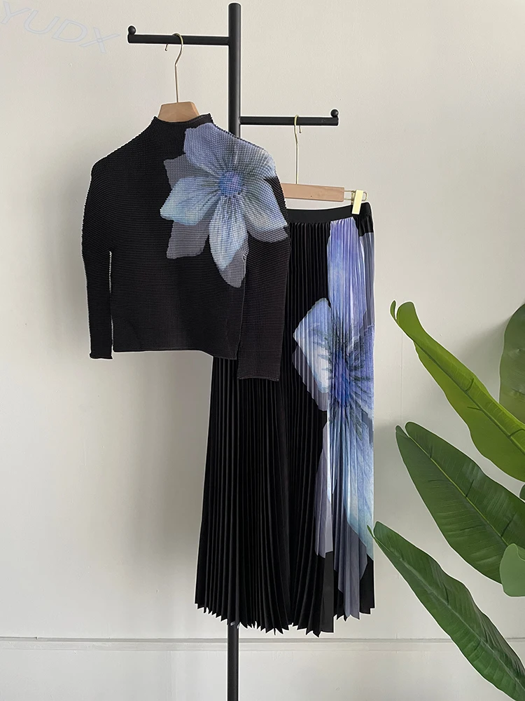 

Miyake Printed High Neck Elastic Slim Fitting T-shirt+printed Long Pleated Skirt Two-piece 2023 Autumn Elegant Women Skirt Set