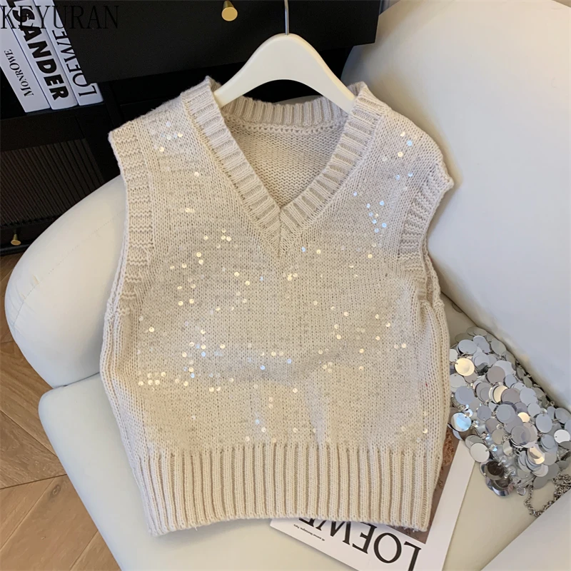 Spring Sequins Sleeveless Knit Vest Women Spring Fall Korean Fashion V-neck Pullover Sweater Vests Jumper Knitwear Tank Crop Top