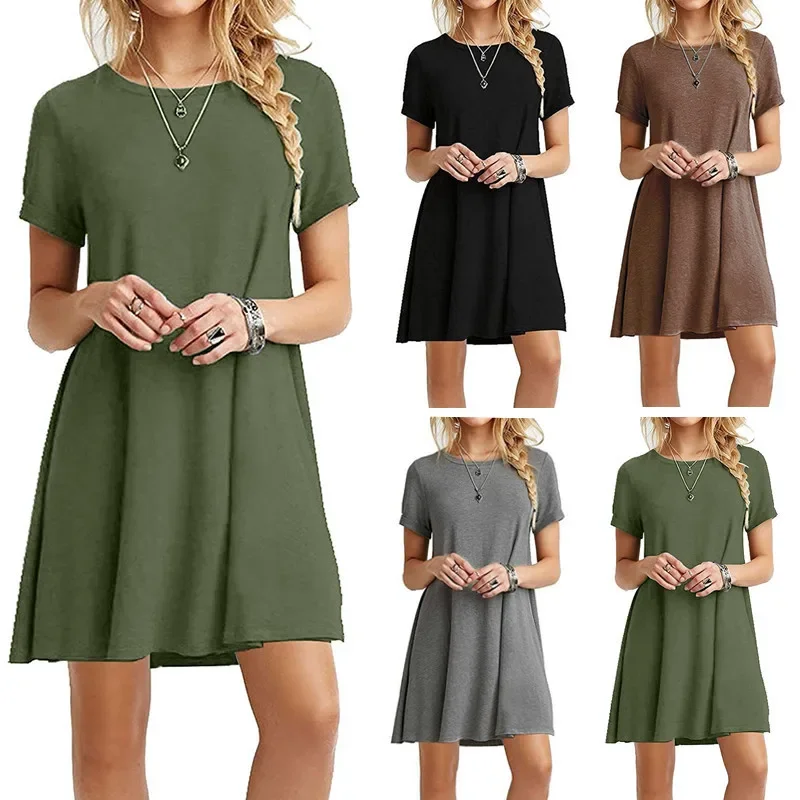 Women Casual Short Sleeve T Shirt Dress Vintage O Neck Print Loose Mini Dress Elegant Simple Mini Dress Streetwear Sundress