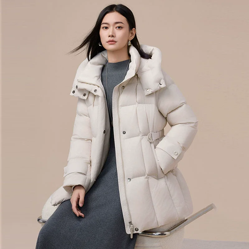 White Duck Down Jacket Women's Mid Length 2025 Winter New Style Fashionable High Top Hooded Thick Coat