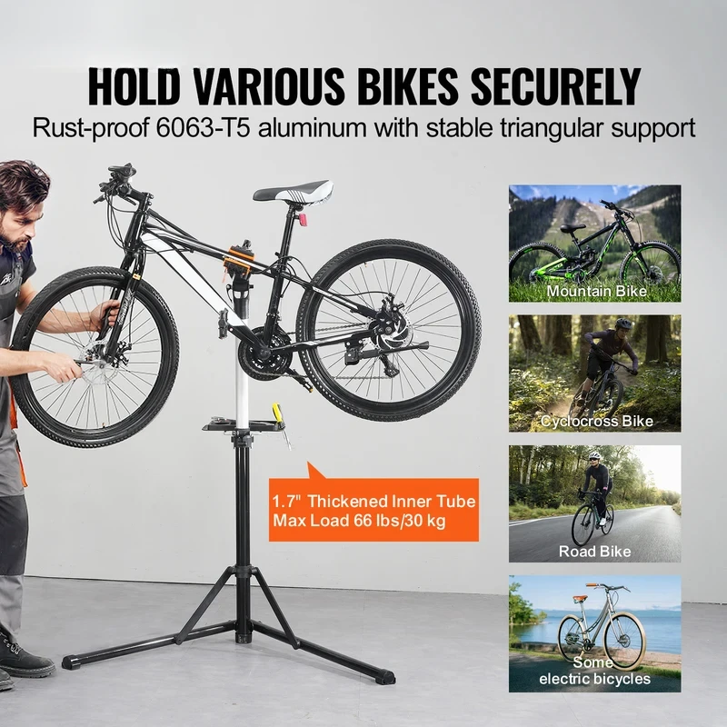 Bike repair stand heavy-duty aluminum adjustable height magnetic tool tray telescopic arm foldable for home shops