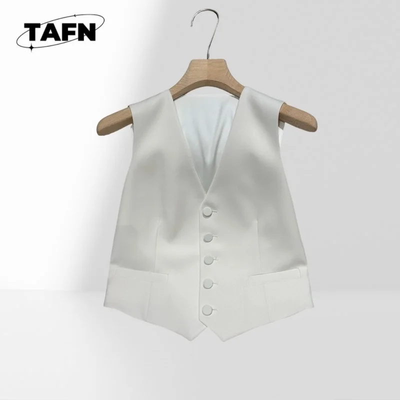 Elegant Women White Vest Blazer Sleeveless Suit Jacket Luxury Chic Tailored Waistcoat Office Lady Fashion BC2107