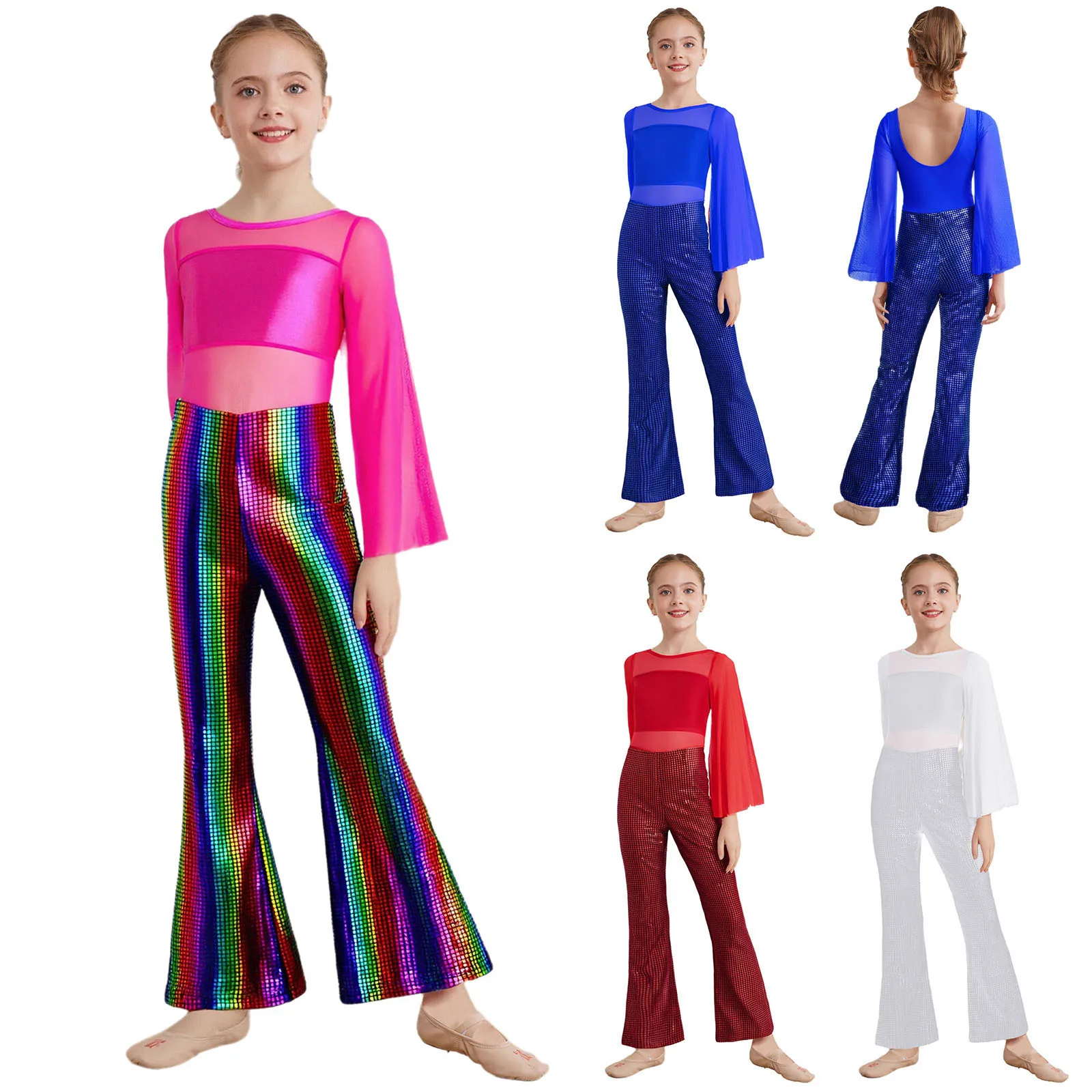 Tuta metallizzata per bambina, balletto jazz, sala da ballo, costumi per spettacoli di danza, fondo a campana, tuta intera, spettacolo scolastico, abiti da festa