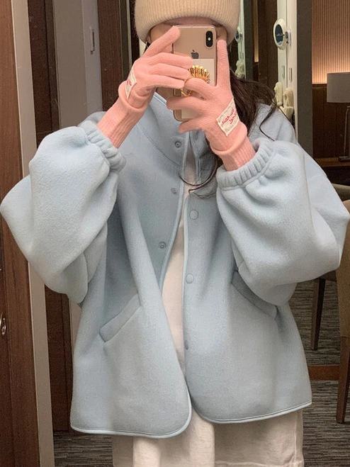 시크한 울트라 뷰티풀 플루 후디 여성용 젊고 다재다능한 심플 디자인 블루 탑 한국 스타일 루즈핏