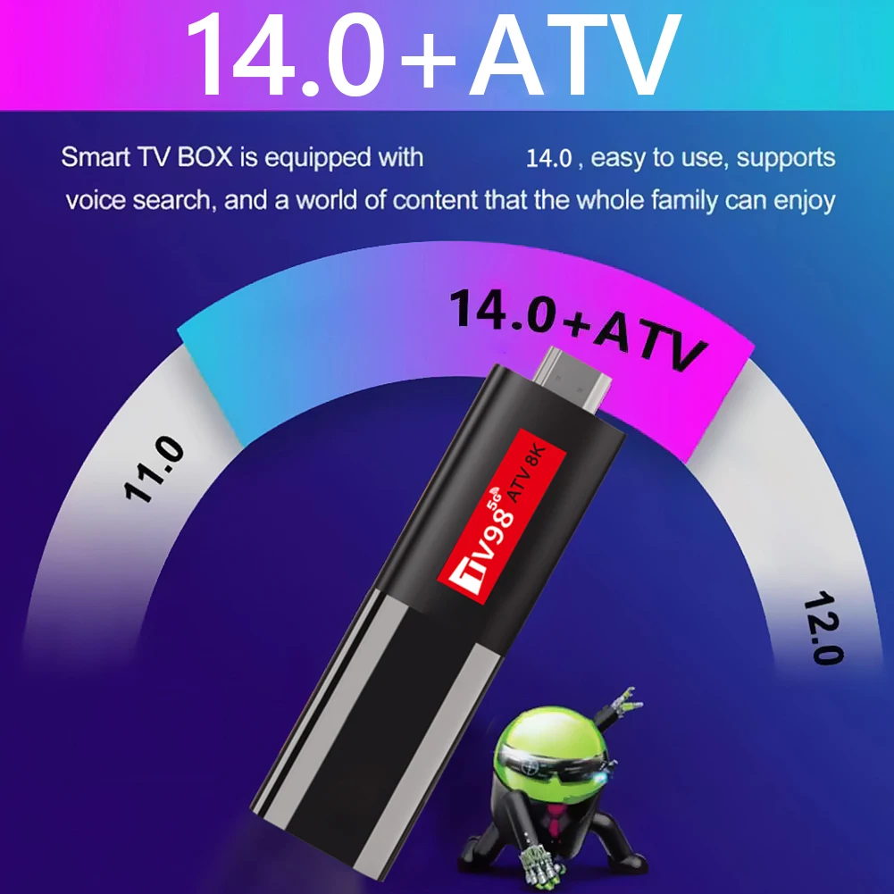 TV98 ATV Smart TV Stick Android 14 H618 2.4G&5G Dual WiFi BT5.0 Video Set Top TV Box Media Player Set Voice Remote TV Box