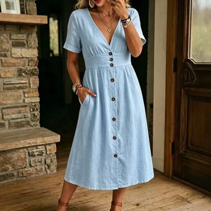 

2026 New Summer Women's Dress Solid Color Button V-neck Casual Loose Fashionable Comfortable Versatile Simple And Daily Vestidos