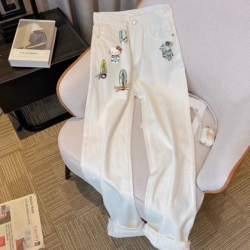 

Retro American Cartoon Print High Waist Straight Leg Loose Slimming Jeans Men Women Summer White Denim Pants Casual Wear
