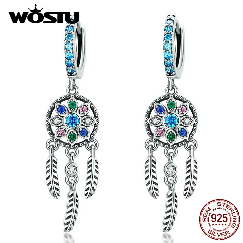 

WOSTU Dreamcatcher Multi Color CZ Drop Dangle Earrings Women 925 Sterling Silver 18K Gold Tassel Hoop Earring Wedding Party Gift