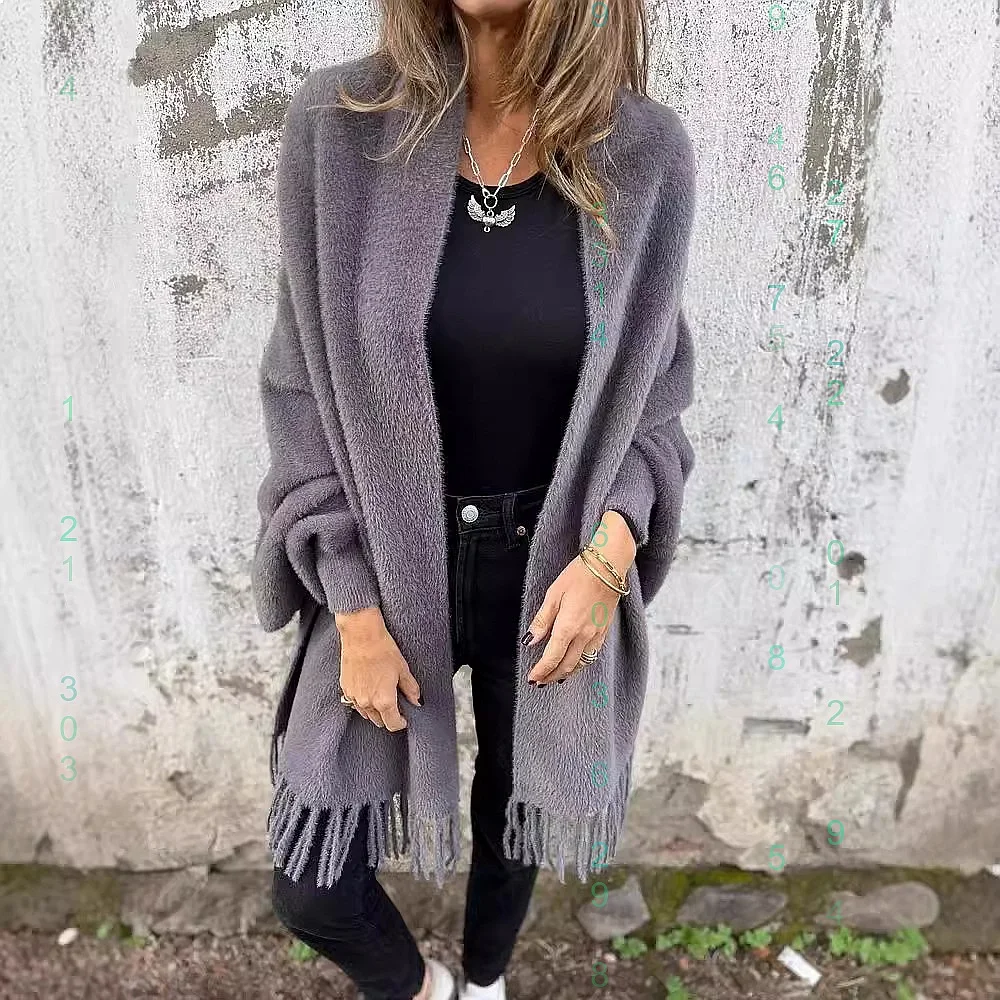 Cárdigan tipo capa de punto acogedor con flecos de piel sintética, chal suelto para mujer para invierno, primavera y verano, prenda exterior, chaquetas suaves y esponjosas tipo shrug
